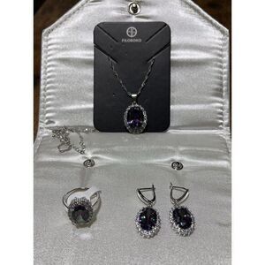 Filoboko‎ Silver Cubic Zircon Ring Size 9 Earrings Necklace Pendant Jewelry Set